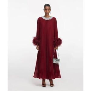 Self Portrait Red Embellished Feather-Trimmed Chiffon Maxi Dress US 6